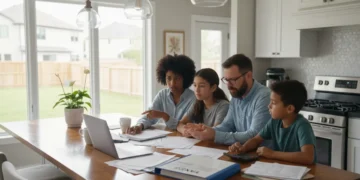 Family reviewing tax documents, laptop, and paper forms at a kitchen table, illustrating federal tax deductions for dependents.