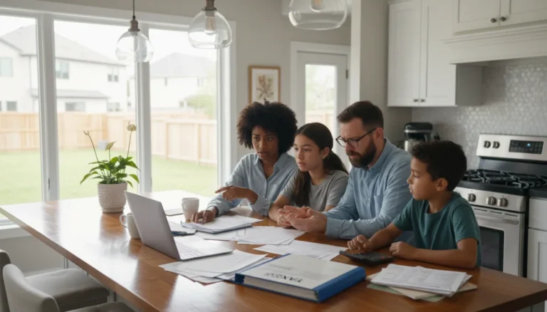 Family reviewing tax documents, laptop, and paper forms at a kitchen table, illustrating federal tax deductions for dependents.