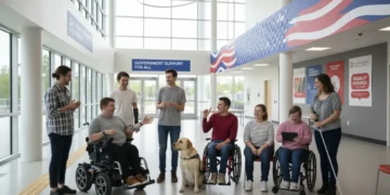 Diverse individuals with disabilities engaging in an accessible community center, symbolizing federal support.