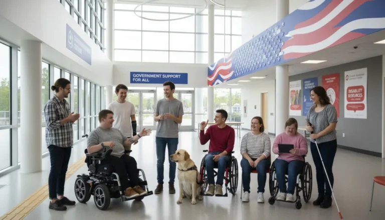 Diverse individuals with disabilities engaging in an accessible community center, symbolizing federal support.