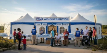 Families receiving assistance at a FEMA aid distribution center