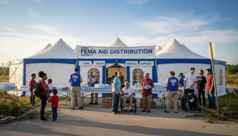 Families receiving assistance at a FEMA aid distribution center