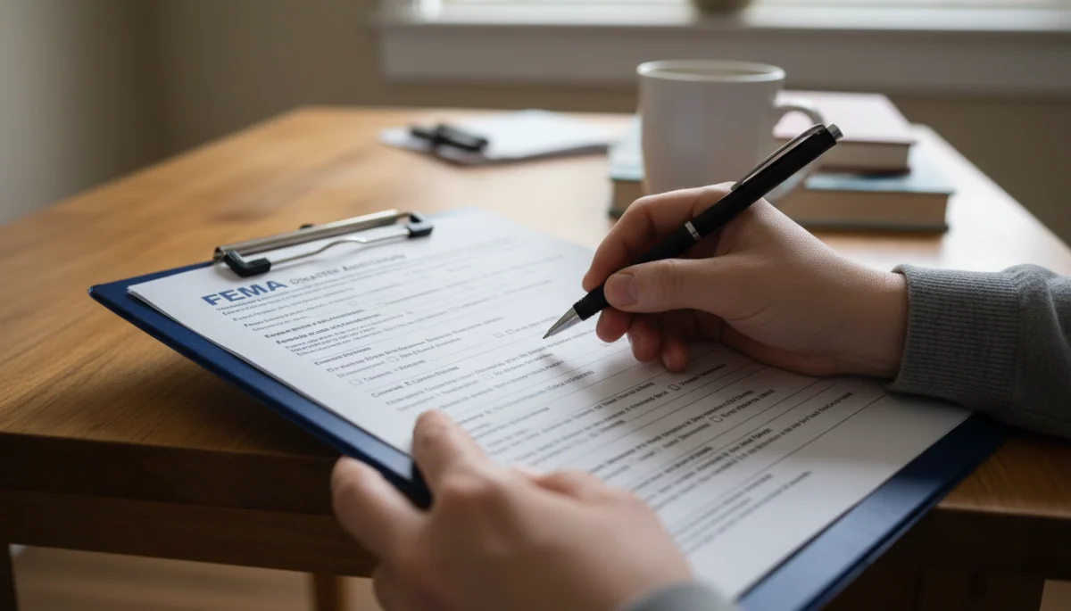 Person meticulously filling out a FEMA disaster assistance application form