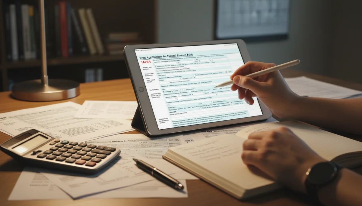 Hands completing FAFSA form on tablet with financial documents.