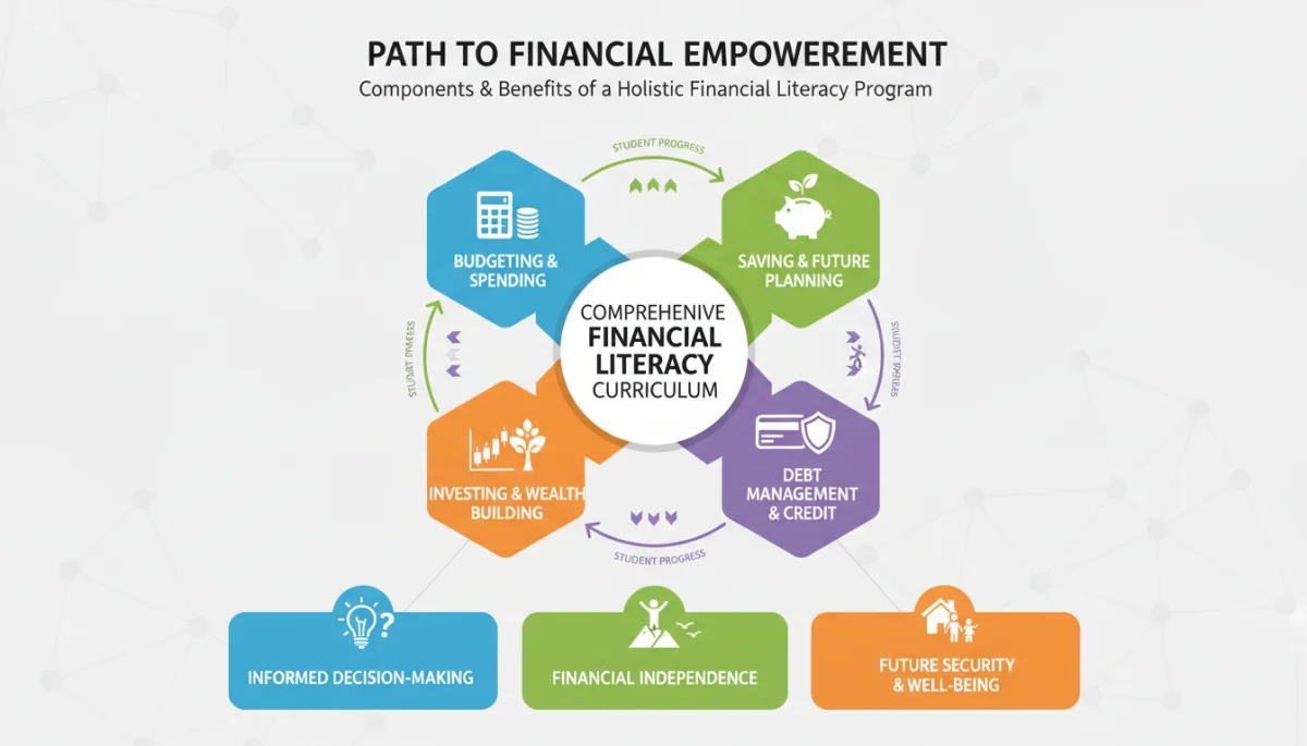 Infographic detailing components of a comprehensive financial literacy curriculum.