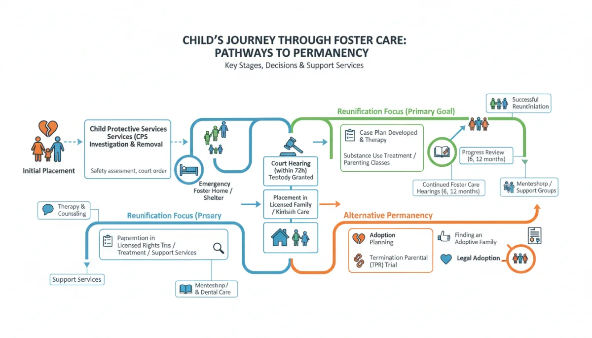 Infographic depicting the journey of a child through the foster care system.