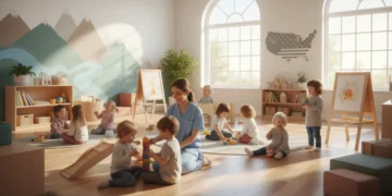 Diverse children happily playing in a modern child care center, supervised by a kind caregiver, representing quality child care.