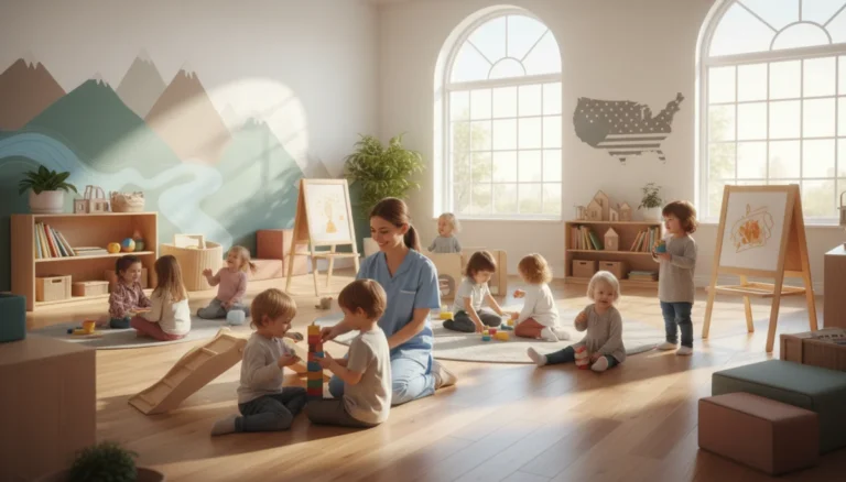 Diverse children happily playing in a modern child care center, supervised by a kind caregiver, representing quality child care.