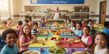 Children smiling and eating healthy school lunches in a vibrant cafeteria setting