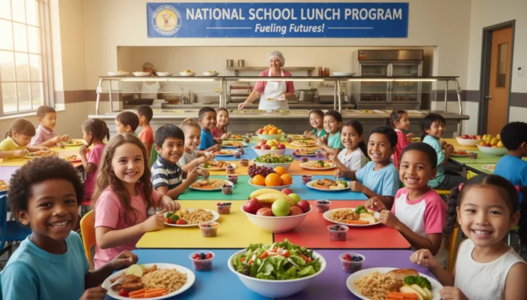 Children smiling and eating healthy school lunches in a vibrant cafeteria setting