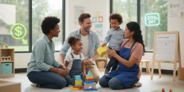 Parents and children interacting happily with a child care provider, symbolizing affordable child care