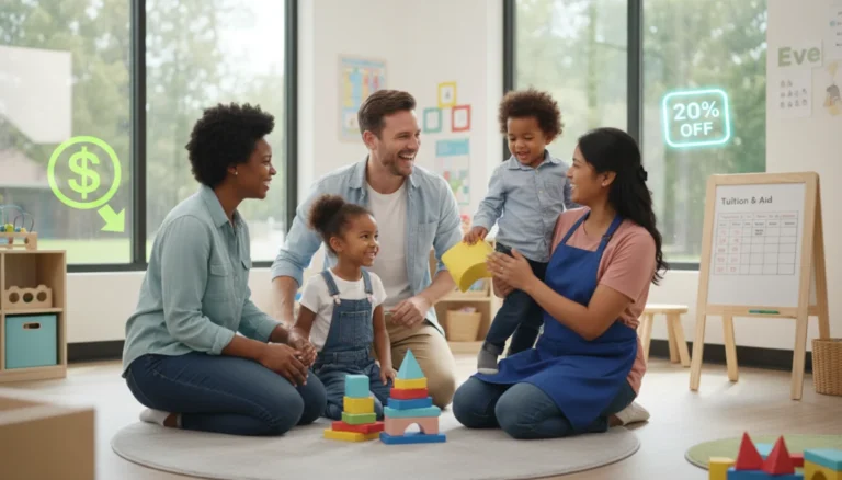 Parents and children interacting happily with a child care provider, symbolizing affordable child care