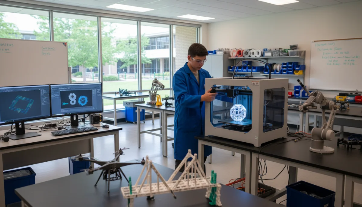 High school student using a 3D printer in a modern STEM lab.