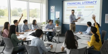 High school students learning financial literacy in a modern classroom setting