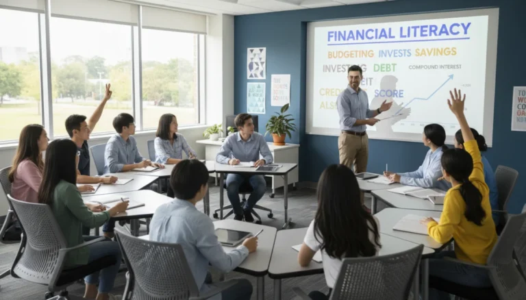 High school students learning financial literacy in a modern classroom setting