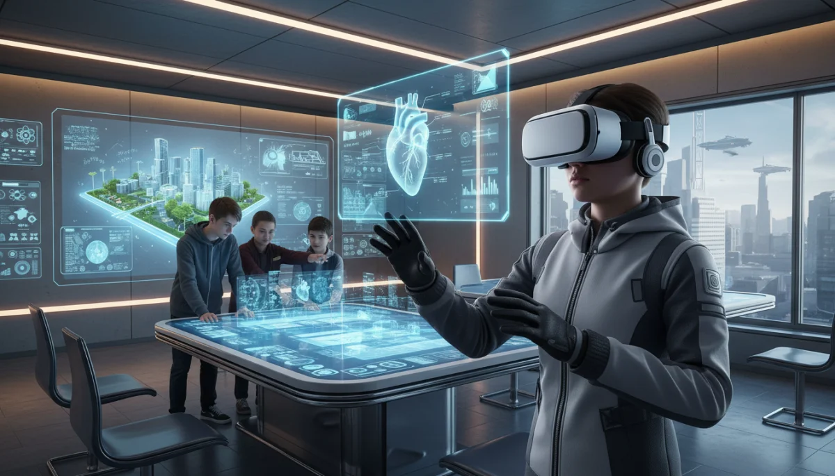 High school student using virtual reality for immersive learning