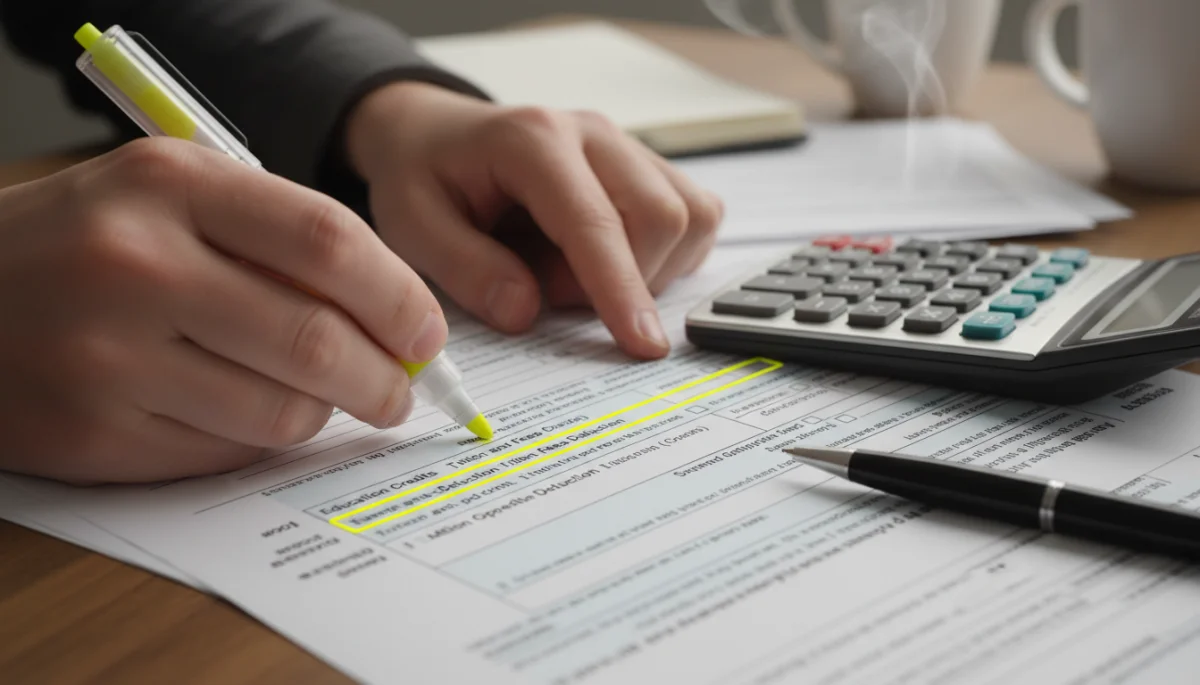 Hands highlighting education tax deduction areas on a tax form