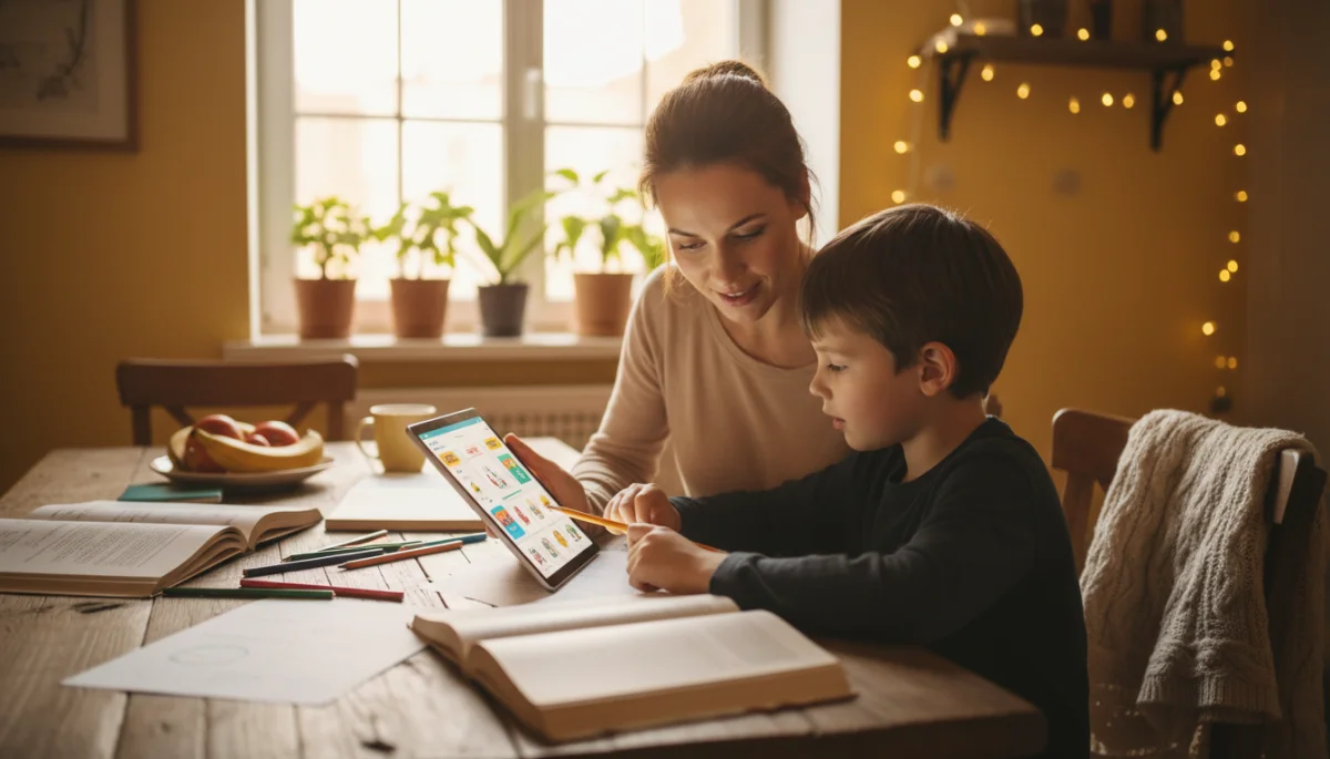 Parent and child reviewing digital learning material at home
