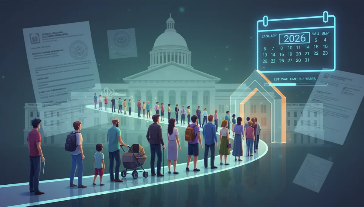 Digital illustration of a housing voucher waitlist process with diverse applicants