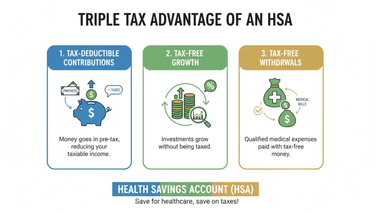 Infographic showing triple tax advantage of HSA contributions and withdrawals
