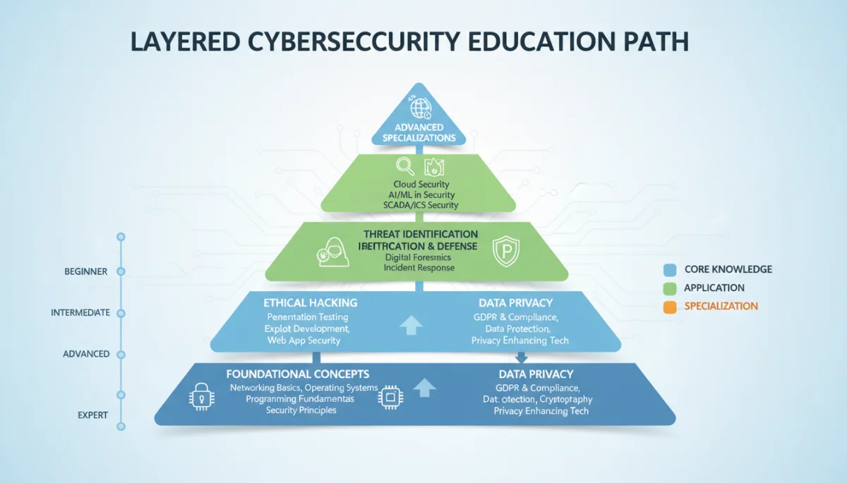 Infographic illustrating the multi-faceted curriculum for cybersecurity education.