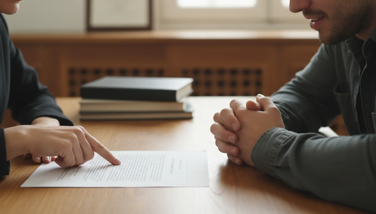 Legal professional explaining a document to a client during a 2026 consultation.