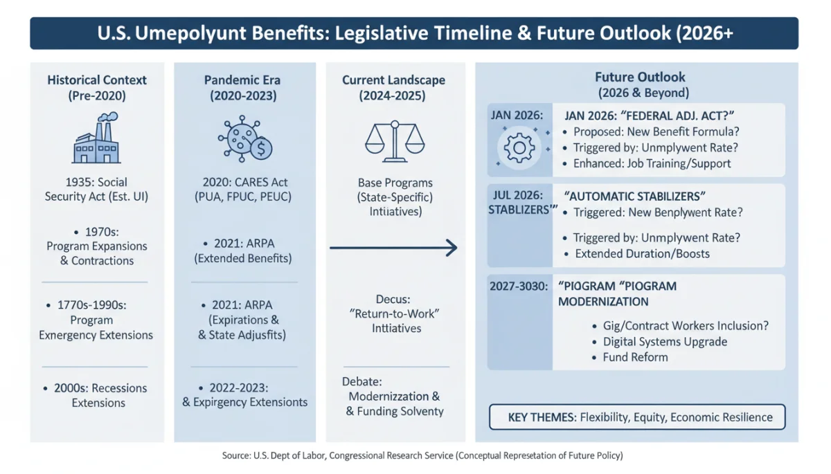Infographic displaying a timeline of legislative changes in US unemployment benefits.