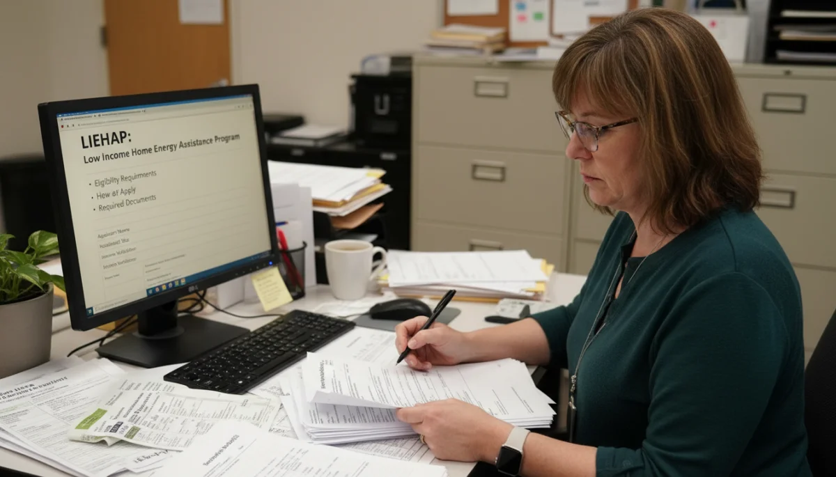 Person reviewing LIHEAP application forms and documents.