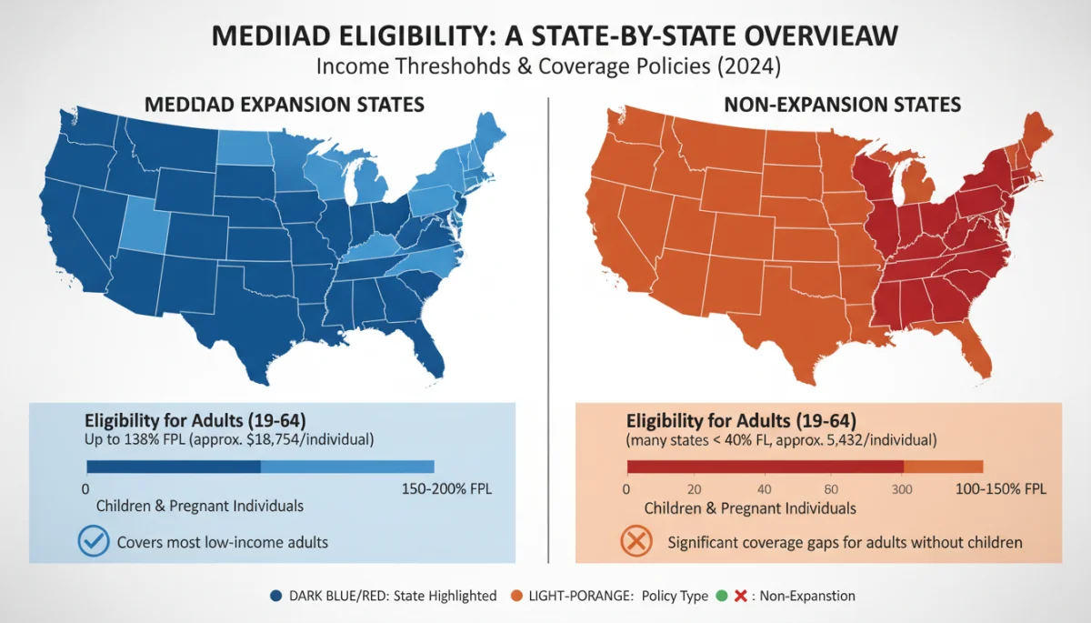 Infographic showing Medicaid income eligibility thresholds across US states.