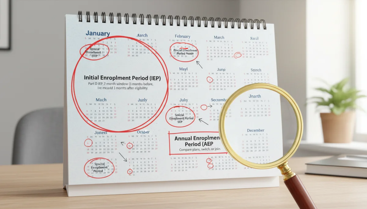 Key Medicare Part D enrollment dates 2026 highlighted on a calendar.