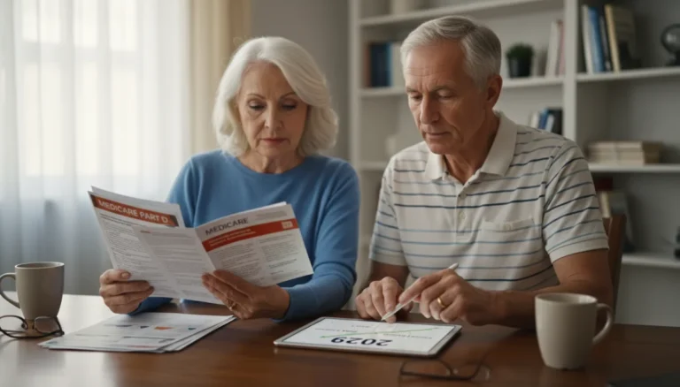 Senior couple reviewing Medicare Part D plan for 2026 with significant savings