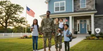 Military family standing proudly in front of a new home, representing federal support