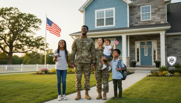 Military family standing proudly in front of a new home, representing federal support