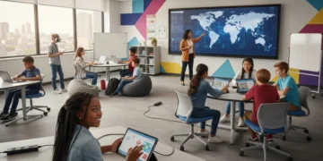 Students learning in a modern, tech-integrated US K-12 classroom.