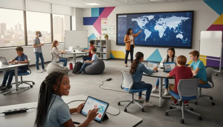 Students learning in a modern, tech-integrated US K-12 classroom.