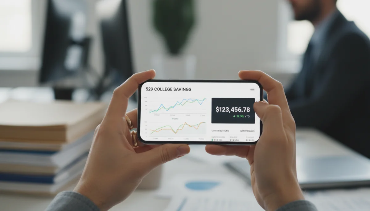 Person monitoring 529 plan investments on a smartphone app
