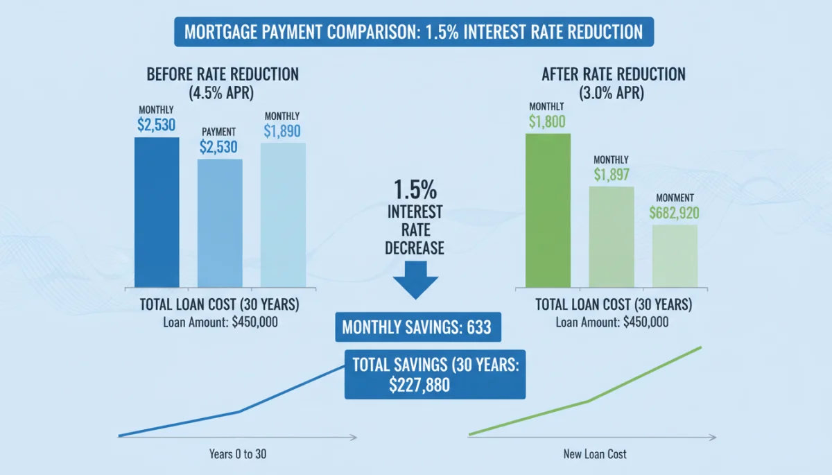 Mortgage payment comparison with 1.5 percent interest rate reduction