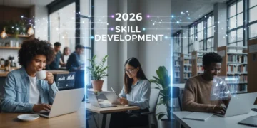 Students learning online on various digital devices for 2026 skill development