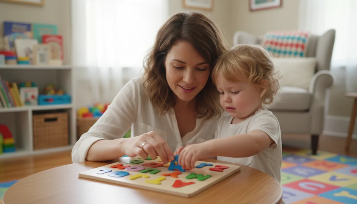 Parent and child engaged in a learning activity at home