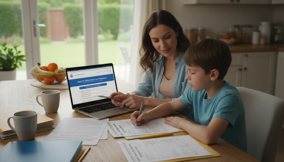 Parent and child reviewing school lunch application documents