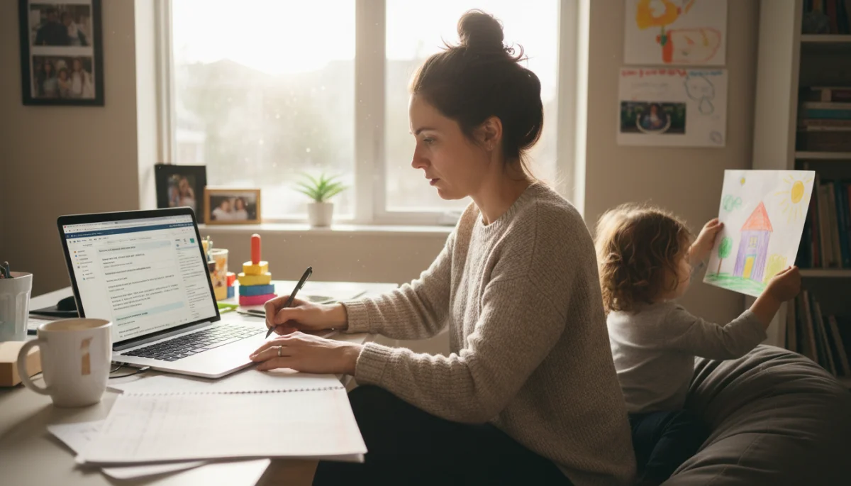 Parent reviewing documents with child, balancing work and family