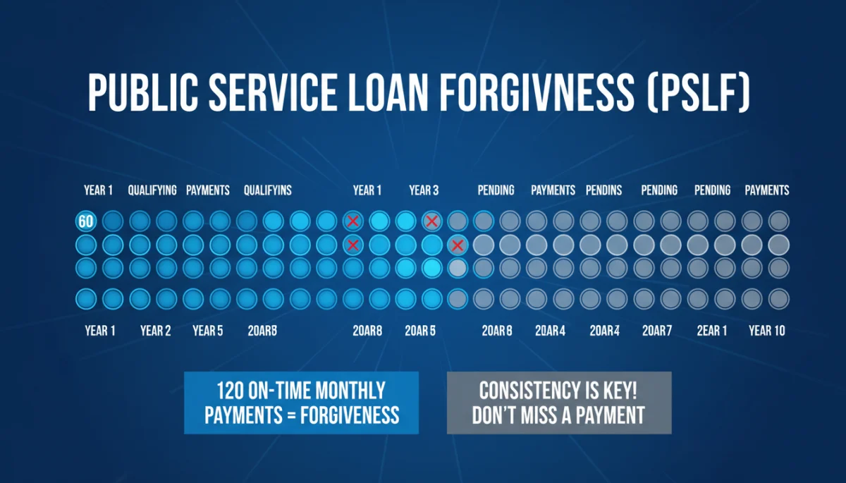 Infographic illustrating 120 qualifying PSLF payments timeline