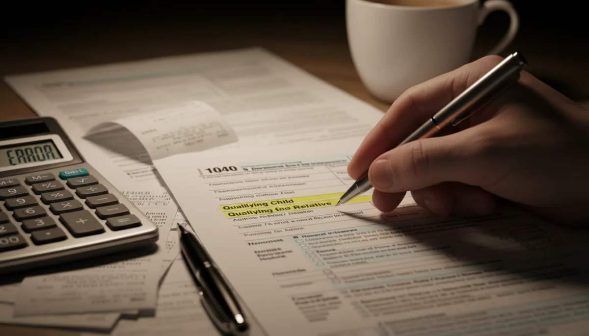 Hand highlighting dependent section on tax form with calculator and pen, representing qualifying child and relative criteria.