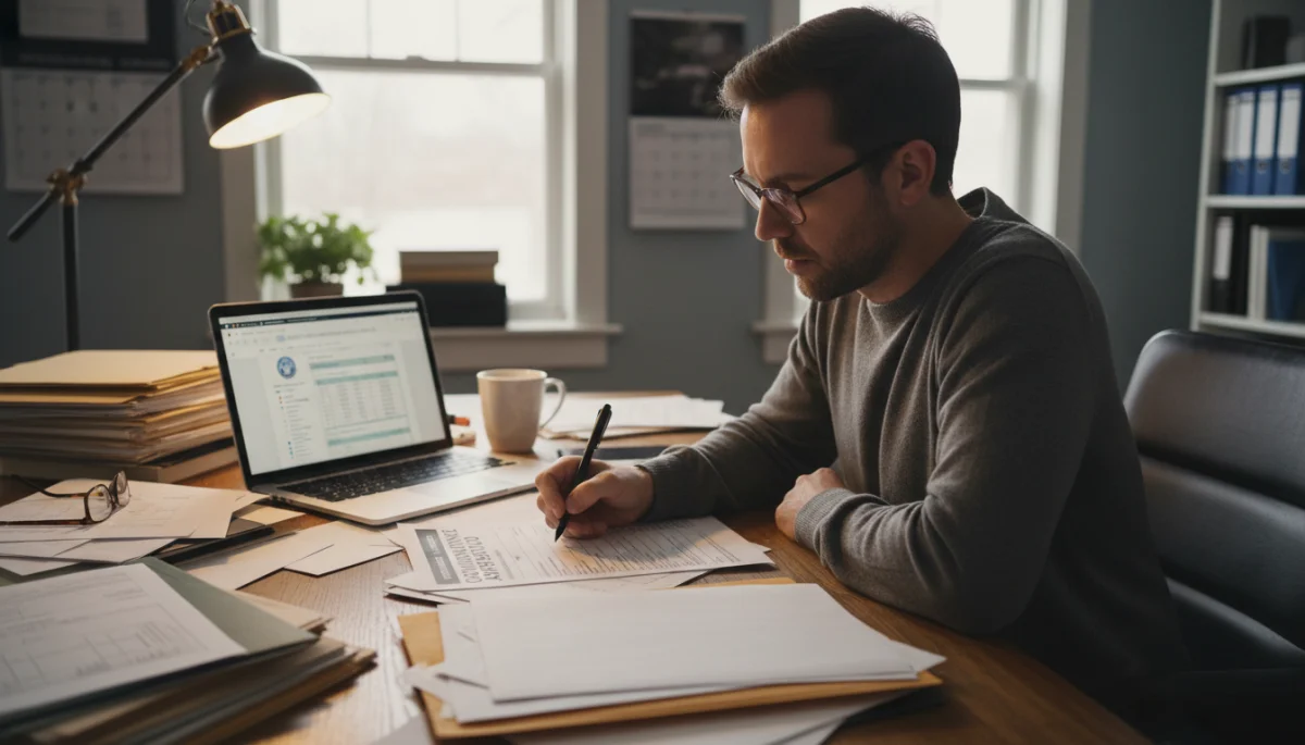Person reviewing SNAP application form and documents