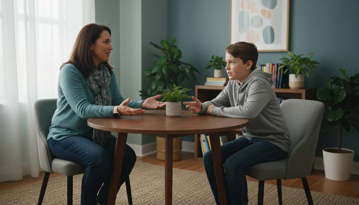 School psychologist counseling a middle school student in a private office