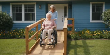 Senior woman in wheelchair using a home modification ramp