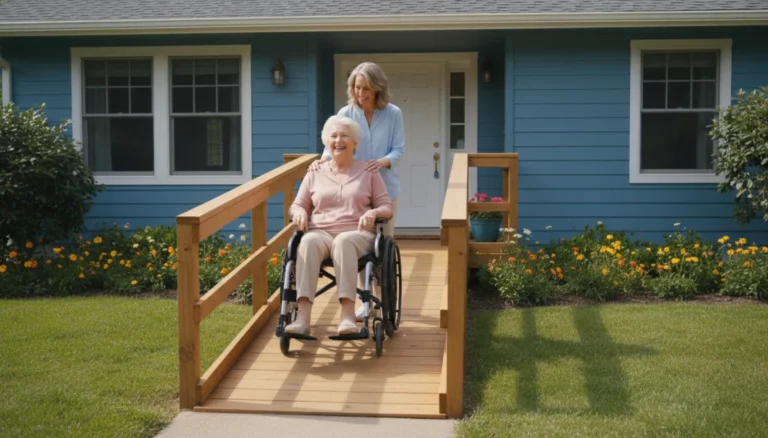 Senior woman in wheelchair using a home modification ramp