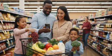 Family grocery shopping with SNAP benefits in 2026