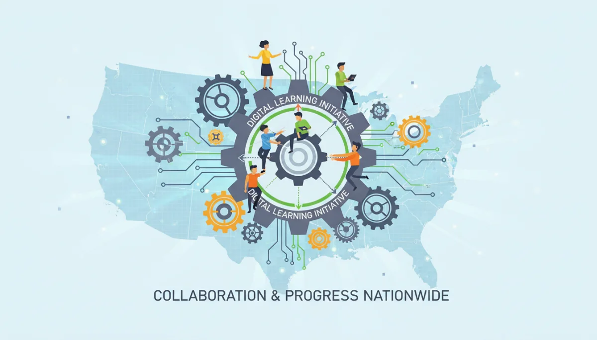 Interconnected gears and circuits symbolizing collaborative STEM education