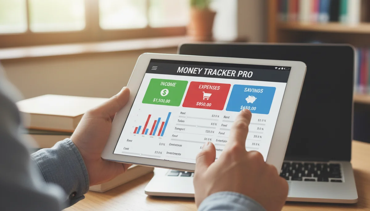 Student using a personal budgeting app on a tablet